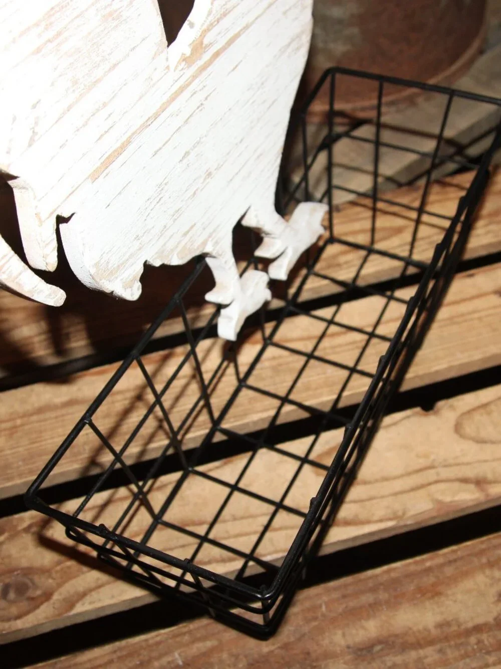 Adorable Distressed White & Black Farmhouse Rooster Countertop or Wall Basket